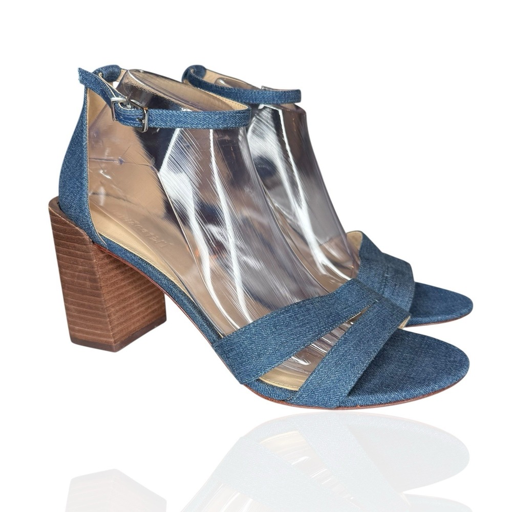 J Mclaughlin Shauna Denim Ankle Strap‎ Sandals Wood Block Heel 10 Leather Sole